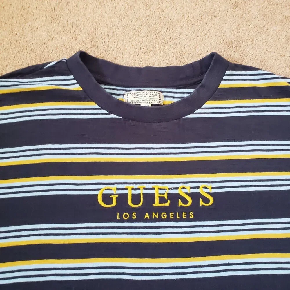Vintage 90s Guess Embroidered Striped Size Large Mens Multicolored T-Shirt LA - Picture 2 of 6
